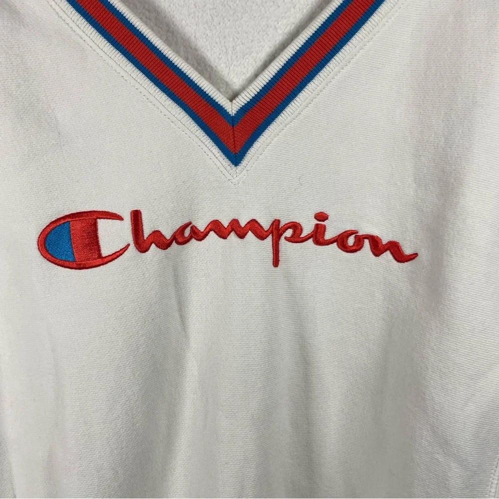 Champion Sweatshirt Heritage V-Neck Striped Trim White Small - Picture 5 of 7